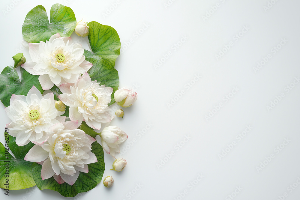 A bouquet of vibrant lotus flowers elegantly arranged, set against a clean white background, with copy space. Soft, diffused lighting. A bouquet of vibrant lotus flowers elegantly arranged, set against a clean white background, with copy space. Soft, diffused lighting.