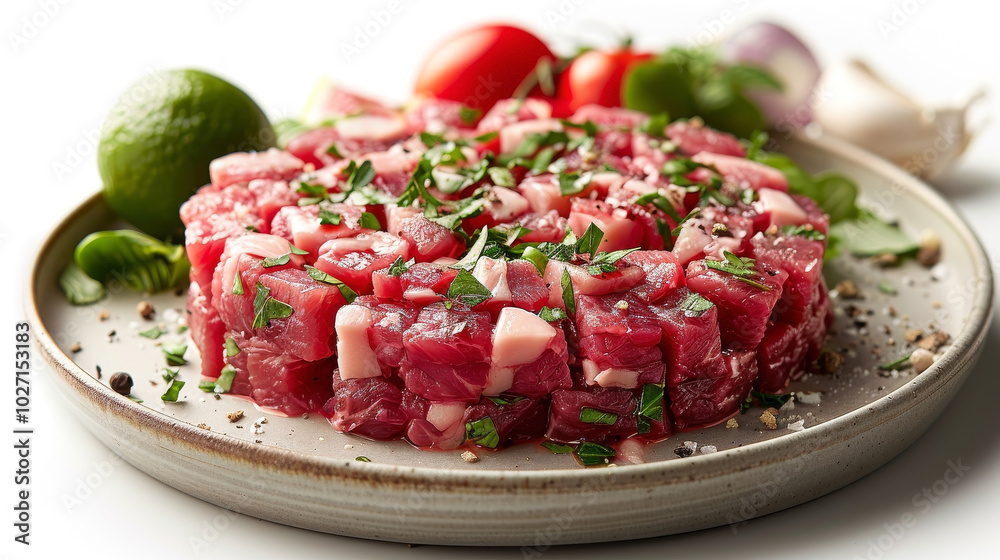 A clean, isolated image of classic steak tartare on a white background, showcasing the textures and colors of the dish