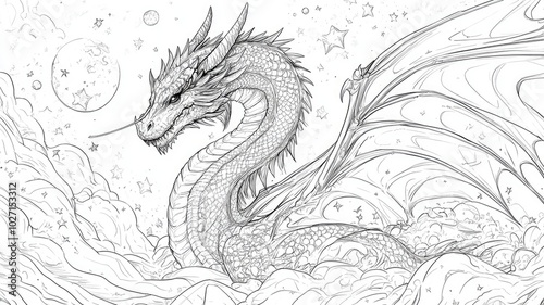 A majestic dragon with intricate details soaring through a starry sky over swirling clouds