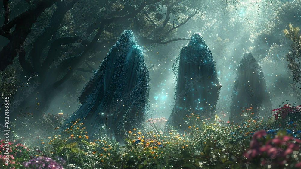 Fototapeta premium Enchanted Forest: Mystical Figures in a Glowing Landscape