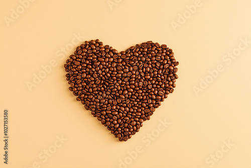 Coffee beans arranged in the shape of a heart on a soft beige background