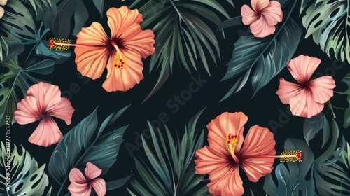 seamless pattern with hand-drawn compositions of tropical flowers