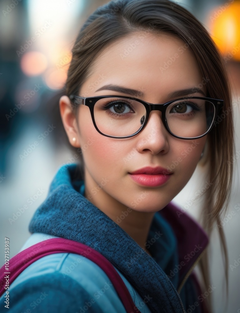Young woman wearing glasses over a blurry street background Young woman wearing glasses over a blurry street background