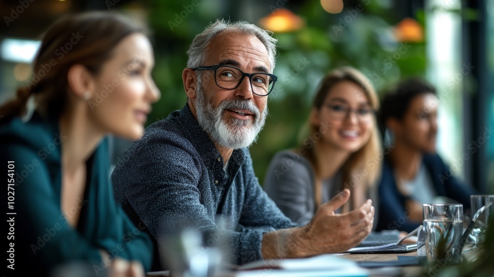 A man with glasses is sitting at a table with a group of people A man with glasses is sitting at a table with a group of people