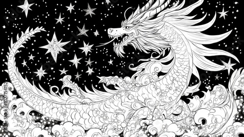 Majestic dragon weaving through clouds under a starlit sky in intricate black and white art