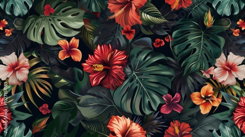 seamless pattern with hand-drawn compositions of tropical flowers