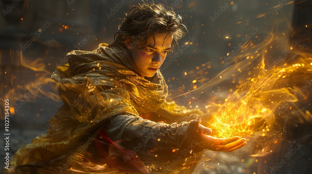 Naklejka premium Young Wizard Casting a Fire Spell - Fantasy Art