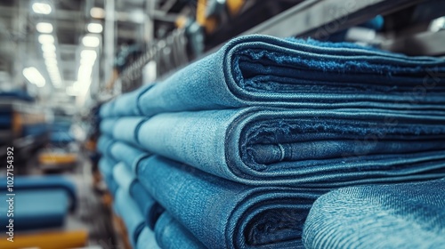 Close Up of blue denim jeans material neatly arranged in a trouser or garment factory photo