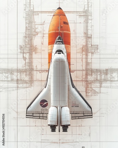 A space shuttle, with an escape pod, is shown against a blueprint background. photo