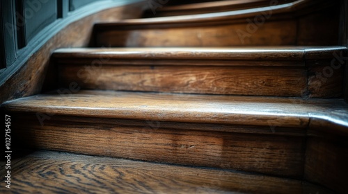 Close-up view of polished wooden staircase showcasing rich textures and elegant design, ideal for architectural and interior themes.