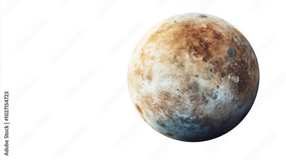 Obraz premium An illustration of a planet resembling Mercury with clear details of craters on its surface. The spotted relief with shades of brown, beige, and blue creates a realistic view of the planet on a white