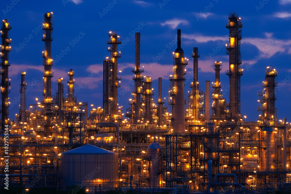 Fototapeta premium Large oil and gas refinery structures with pipelines and storage tanks, with workers in safety gear, with copy space. Industrial lighting.