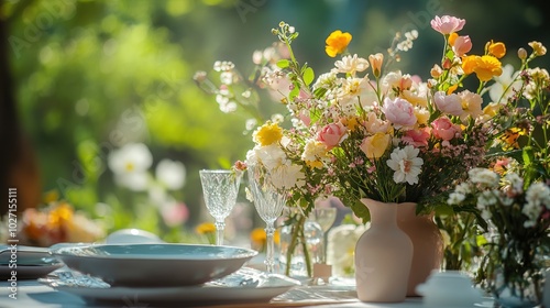 Table setting at outdoor wedding reception with potted plants, plates and glasses on blurred background