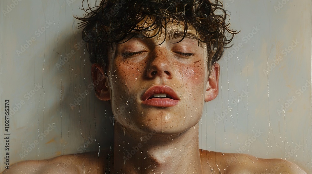 Close-Up Portrait of a Young Man with Water Drops on His Face Close-Up Portrait of a Young Man with Water Drops on His Face