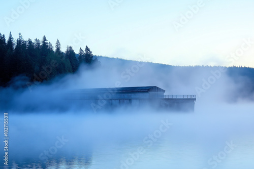 A hydroelectric dam in the early morning, with mist rising from the water and the structure partially obscured, creating a mystical and tranquil atmosphere, with copy space. Soft, diffused lighting. photo