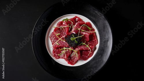 Beef Carpaccio with Caviar on a plate centered against a black background, emphasizing the luxurious presentation of the dish.