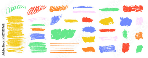 Colorful kids grungy vector brush stroke set. Rough childish scribble collection. Hand drawn grunge sketch elements. Bright crayon pencil textured lines. Isolated chalk curves, text boxes, textures