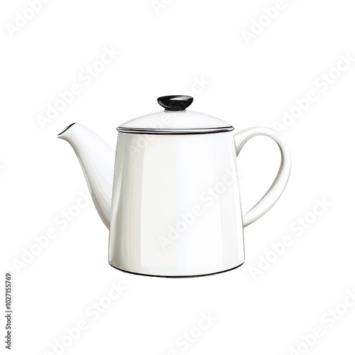 Isolated stainless steel teapot with ceramic cup, perfect for a hot beverage