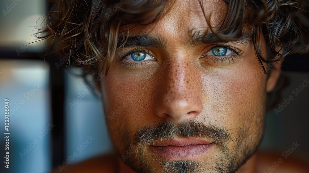 Intense Close-Up Portrait of a Man with Blue Eyes Intense Close-Up Portrait of a Man with Blue Eyes