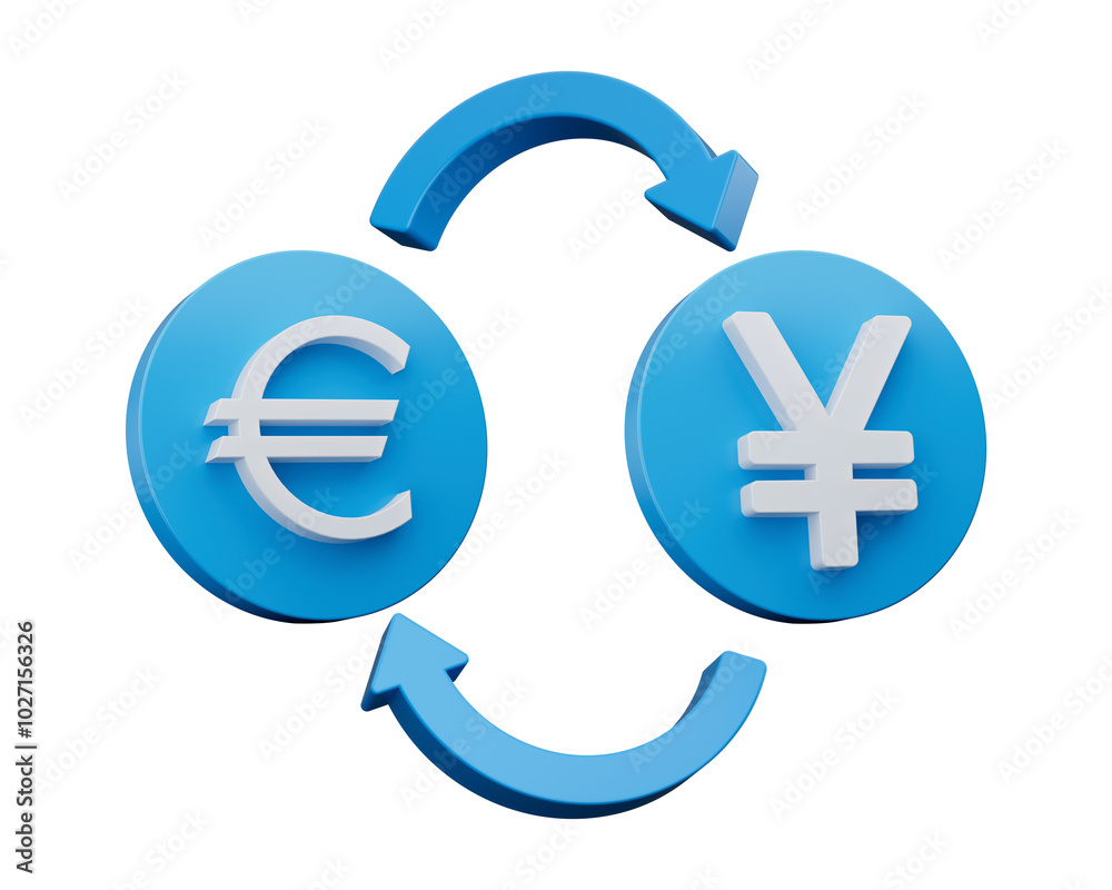 Fototapeta premium 3d White Euro And Yen Symbol On Rounded Blue Icons With Money Exchange Arrows, 3d illustration 