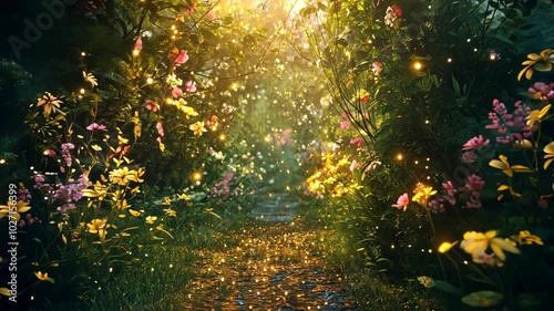 A magical forest path illuminated by fireflies at dusk