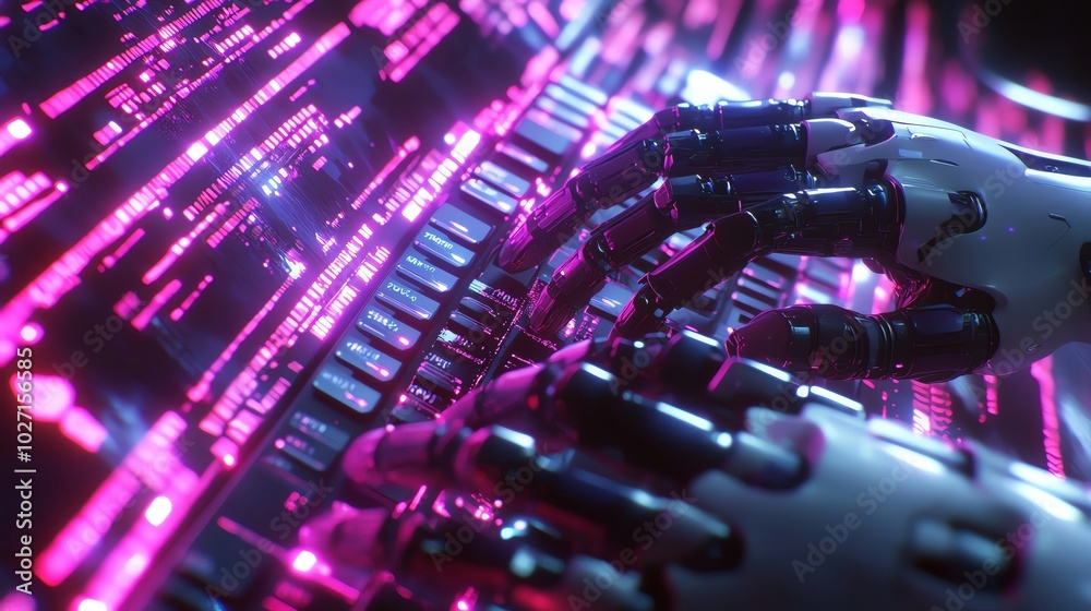 A close-up of robot hands typing on a keyboard, surrounded by abstract patterns of synthetic data, layers of digital security forming in real-time, vibrant and dramatic lighting A close-up of robot hands typing on a keyboard, surrounded by abstract patterns of synthetic data, layers of digital security forming in real-time, vibrant and dramatic lighting