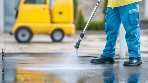 Worker using a pressure washer on a wet surface