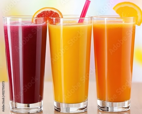 Colorful drinks in glasses, featuring refreshing flavors of fruit juice, perfect for summer or parties.