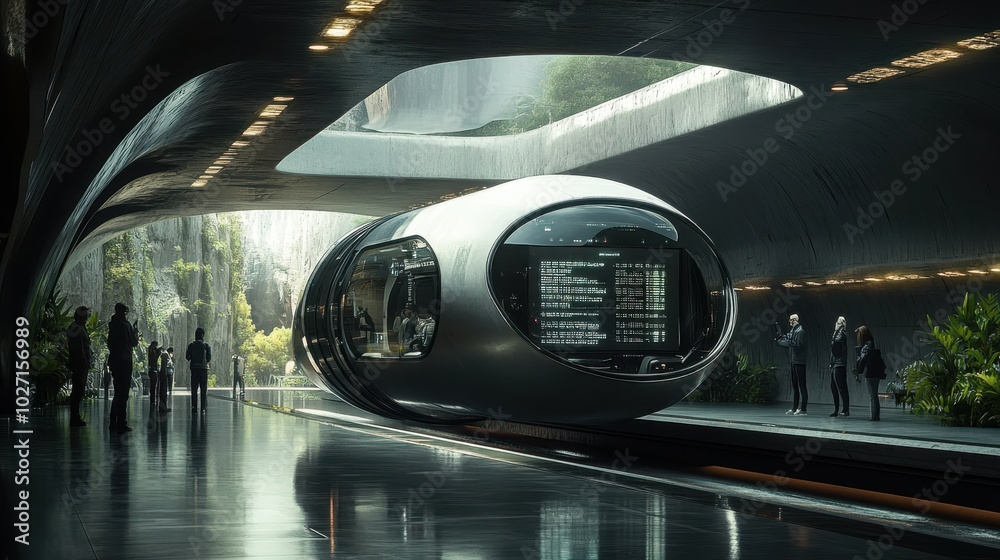 A futuristic train station with a train in the middle of the station A futuristic train station with a train in the middle of the station