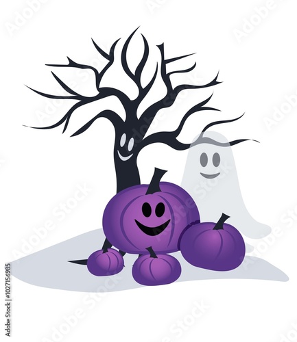 This playful Halloween design features smiling ghosts, purple pumpkins, and cheerful bats in a spooky forest. With a whimsical vibe, it’s perfect for holiday decor, apparel, or Halloween-themed party 