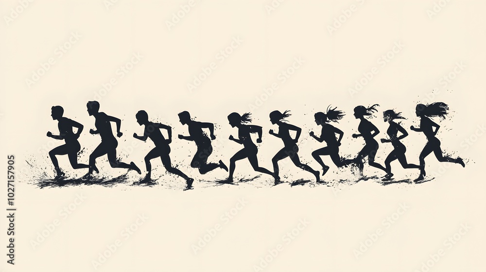 Silhouettes of Runners in a Row with Black Splashes Silhouettes of Runners in a Row with Black Splashes