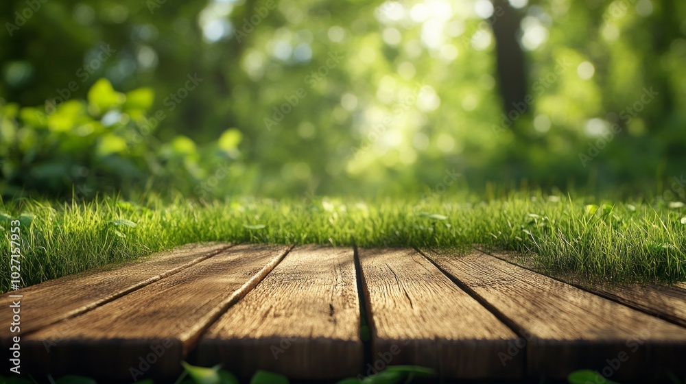 A wooden table with a grassy area in front of it A wooden table with a grassy area in front of it