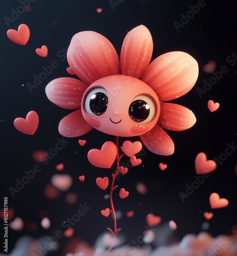 A cheerful flower character surrounded by floating hearts in a whimsical setting