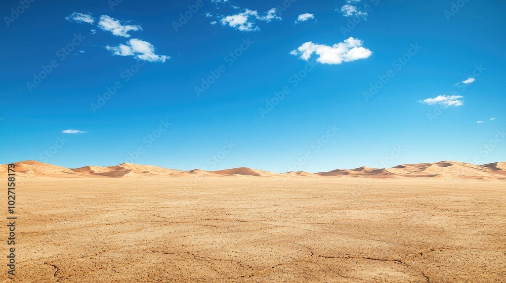 A vast desert landscape with sand dunes under a clear blue sky A vast desert landscape with sand dunes under a clear blue sky