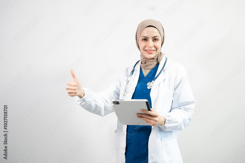 Muslim Arab person. The face of a female doctor on an isolated white background. Muslim Arab person. The face of a female doctor on an isolated white background.