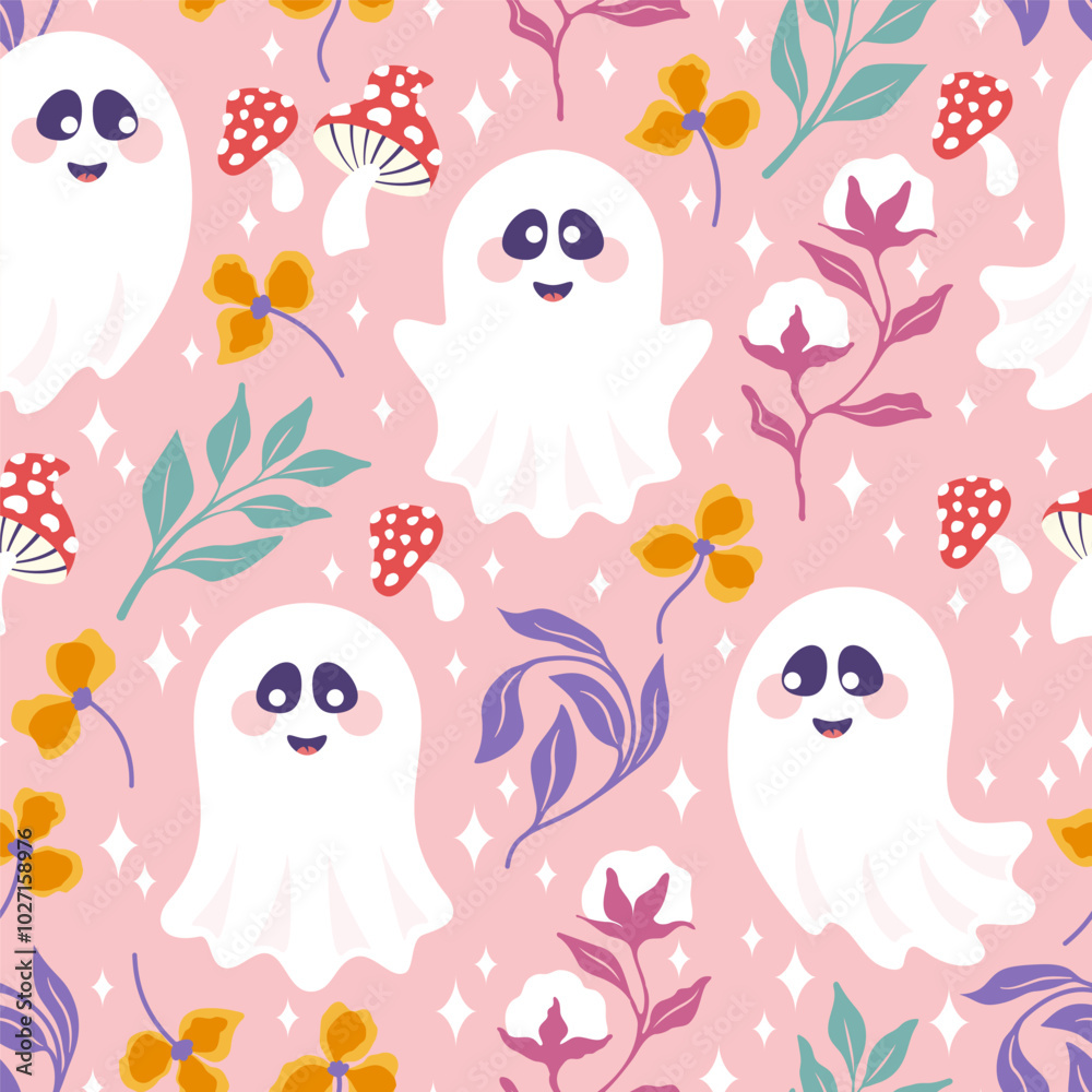 Obraz premium Seamless pattern halloween theme with cute smiling ghosts and autumn mushrooms and plants. Vector illustration.