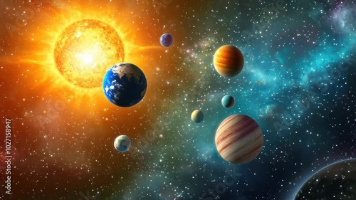 A vibrant and colorful illustration depicting planets and stars in a vast expanse of space.