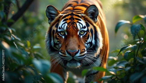Bengal Tiger in Dense Jungle Foliage: Powerful and Stealthy Digital Realism with Moody Sunlight
