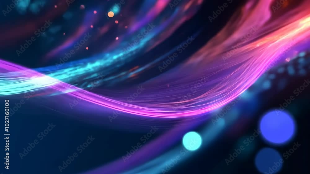 A purple and blue light trail swirls across a dark background with out-of-focus lights