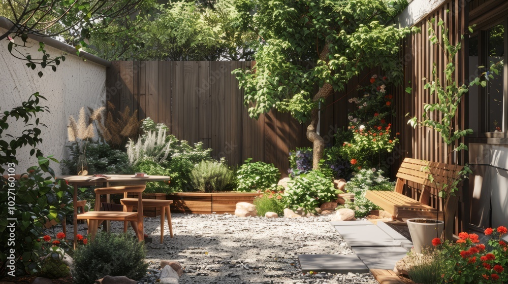 Beautiful garden with wooden table and chairs. Beautiful garden with wooden table and chairs.