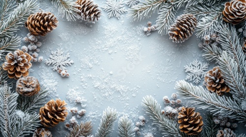 Snowy Pine Branches and Pinecones with Snowflakes