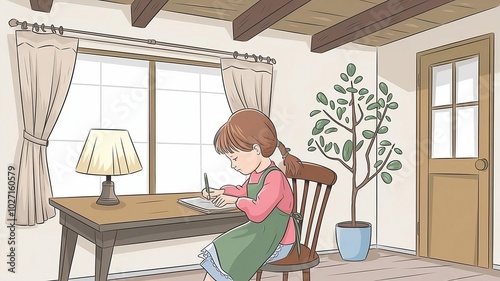 Creative Young Girl Writing at Desk in a Charming Home Interior