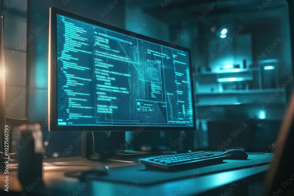 Naklejka premium Workstation with coding screen in dark office