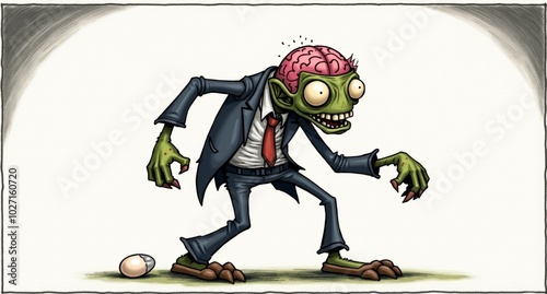 A slouching, mismatched zombie stumbles forward with bulging eyes and a torn suit. One arm dangles loosely, while he holds his fragile brain in both hands, trying to keep it intact, giving him a clums photo