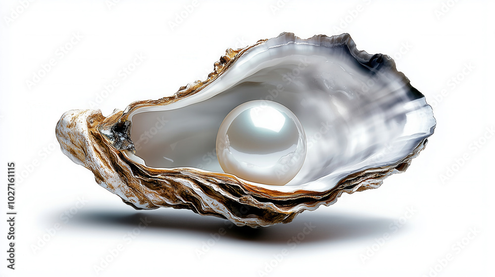 A white pearl inside an open oyster shell on white background A white pearl inside an open oyster shell on white background