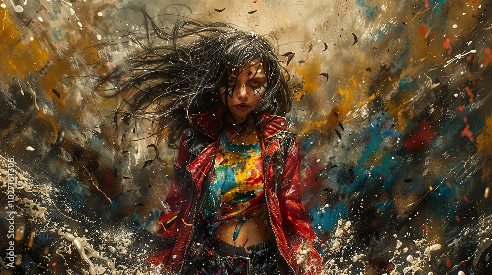 Fototapeta premium Intense Portrait of a Woman with Windblown Hair and Colorful Paint Splashes