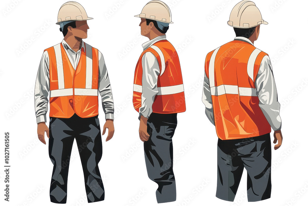 Illustration of a construction worker in safety gear with helmet and vest, shown in multiple poses for diverse applications in industry visuals. Illustration of a construction worker in safety gear with helmet and vest, shown in multiple poses for diverse applications in industry visuals.