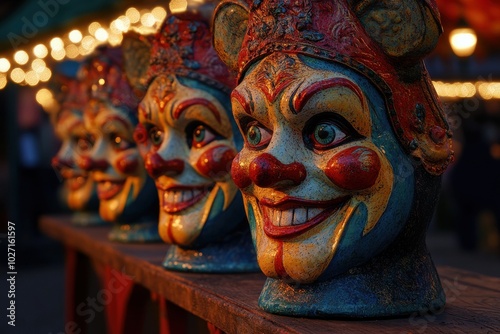 A row of clown masks are sitting on a table photo