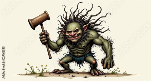 A hulking troll with wild, unkempt hair and gnarly hands clutches a tiny, comically small club. Its drooling, twisted face is both gross and funny, while its clumsy movements make it seem more awkward