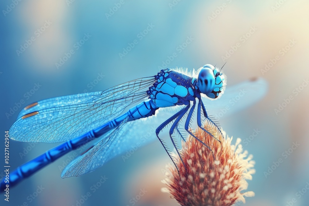A vibrant blue dragonfly perches delicately on a brown flower bud, its translucent wings catching the sunlight. A vibrant blue dragonfly perches delicately on a brown flower bud, its translucent wings catching the sunlight.